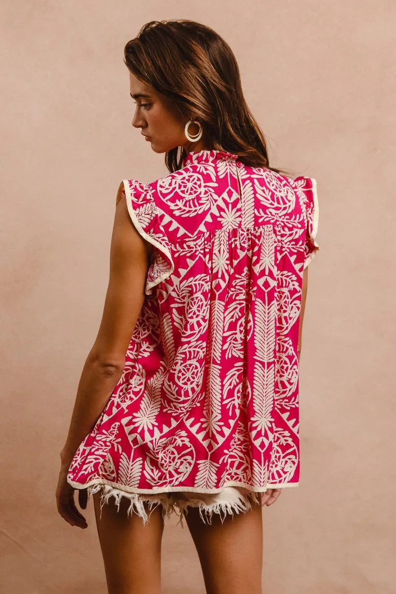 Pink BiBi printed ruffle sleeve top by Trendsi, featuring a feminine design with ruffled sleeves and a stylish print.
