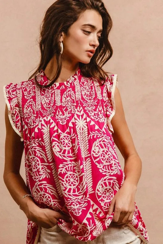 Pink BiBi printed ruffle sleeve top by Trendsi, featuring floral patterns and lightweight fabric, perfect for casual wear
