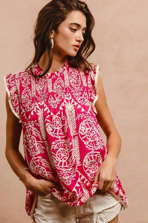 Pink BiBi printed ruffle sleeve top from Trendsi, featuring a stylish design with ruffled sleeves and vibrant print.