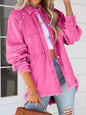 Pink button-down raw hem denim jacket by Trendsi, featuring classic collar and casual fit, shown on a model against a neutral background.