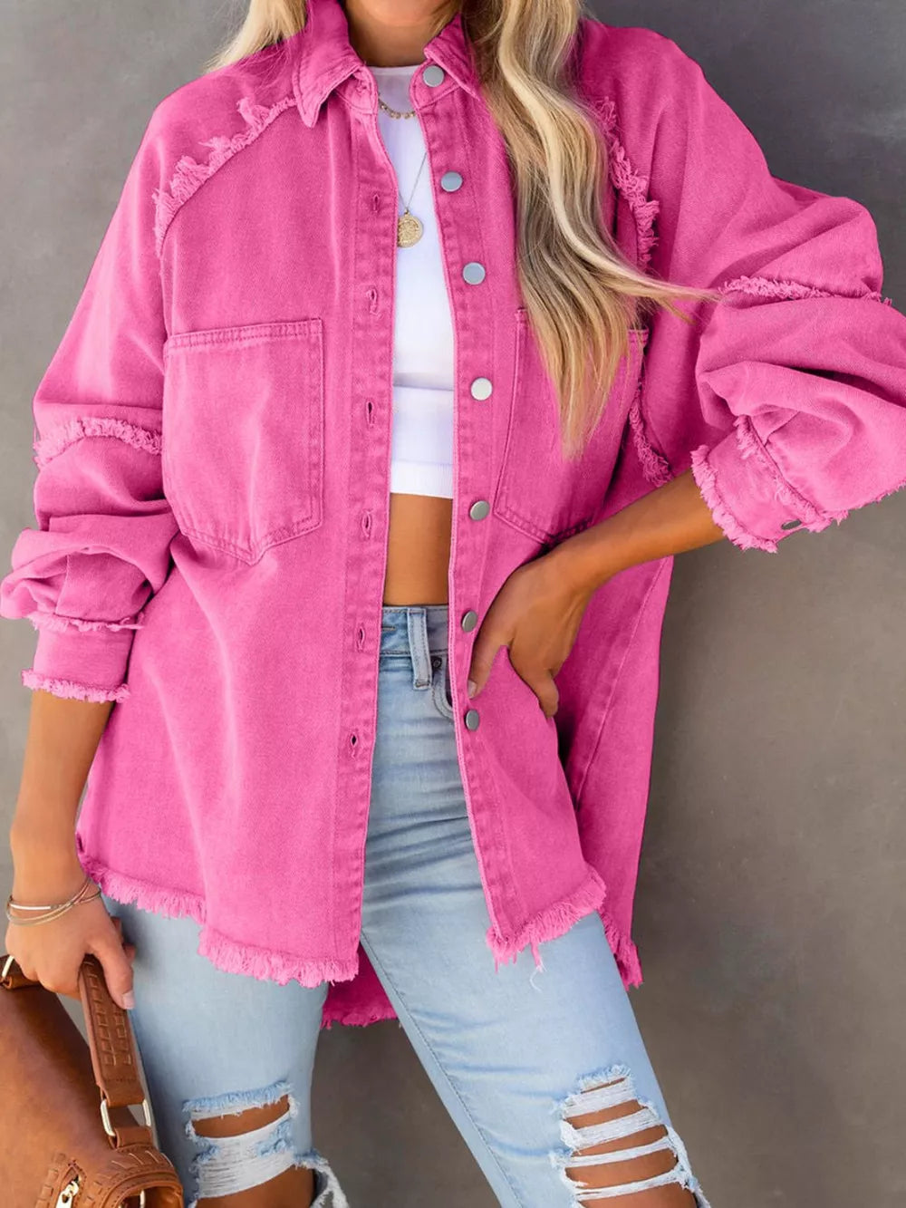 Pink raw hem denim jacket by Trendsi featuring a button-down front and classic casual style.