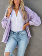 Pink Trendsi button-down raw hem denim jacket displayed on a hanger, showcasing its classic style and casual fit.