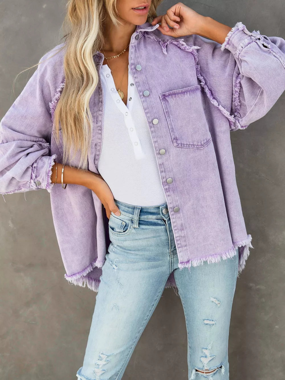 Pink Trendsi raw hem denim jacket with button-down front and classic fit, styled for casual and trendy looks.