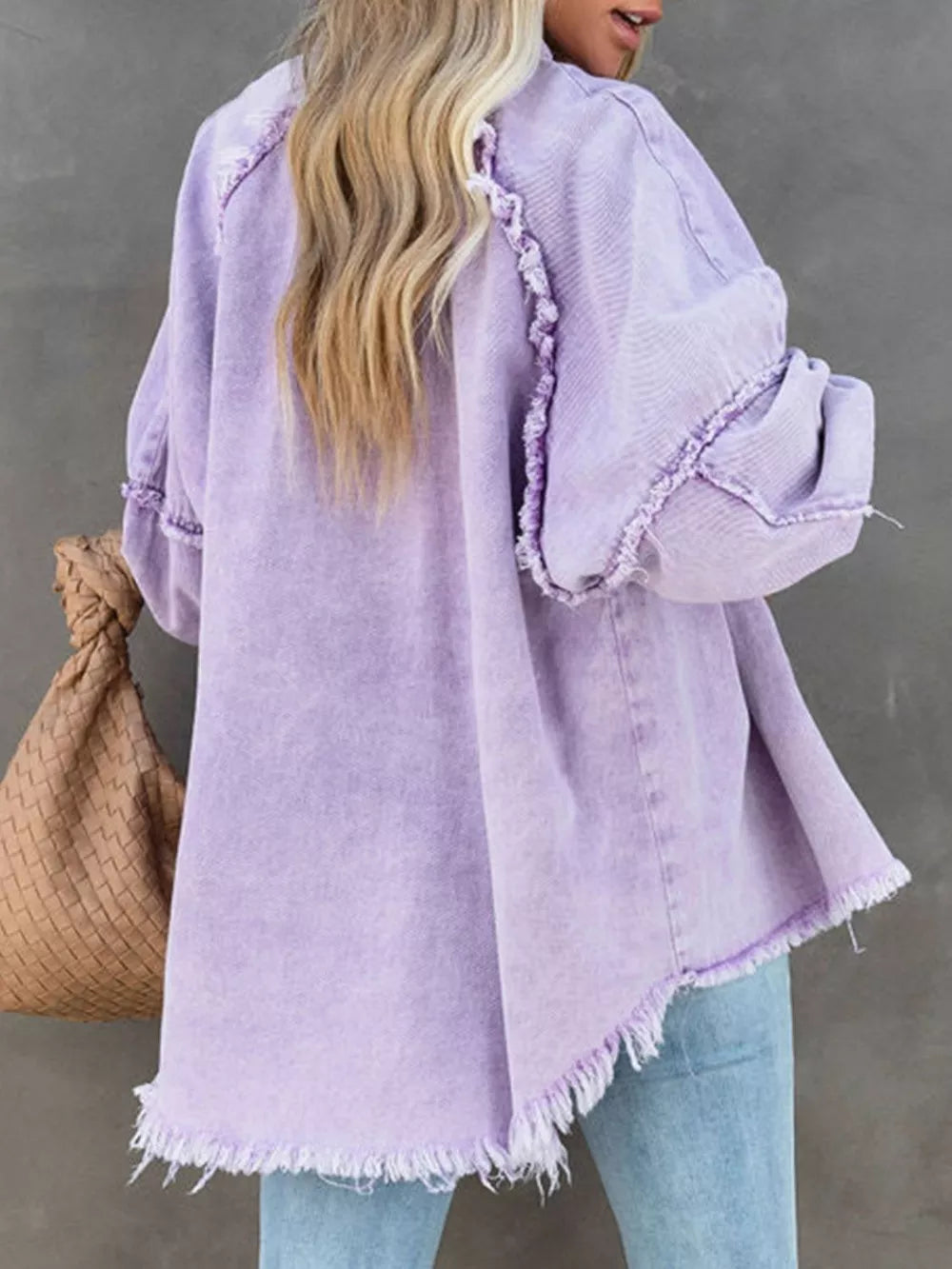 Pink button-down raw hem denim jacket by Trendsi, shown with classic collar and casual fit on a hanger.