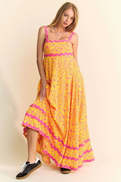 Pink Davi & Dani Geo 2 Tone Printed Wavi Trim Tiered Maxi Dress with flowing silhouette and tiered design, perfect for summer wear.