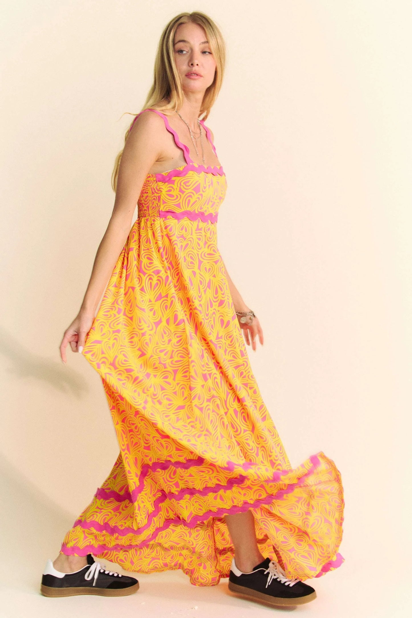 Pink Davi & Dani Geo 2 Tone Printed Wavi Trim Tiered Maxi Dress with flowing silhouette and stylish pattern, perfect for summer wear.