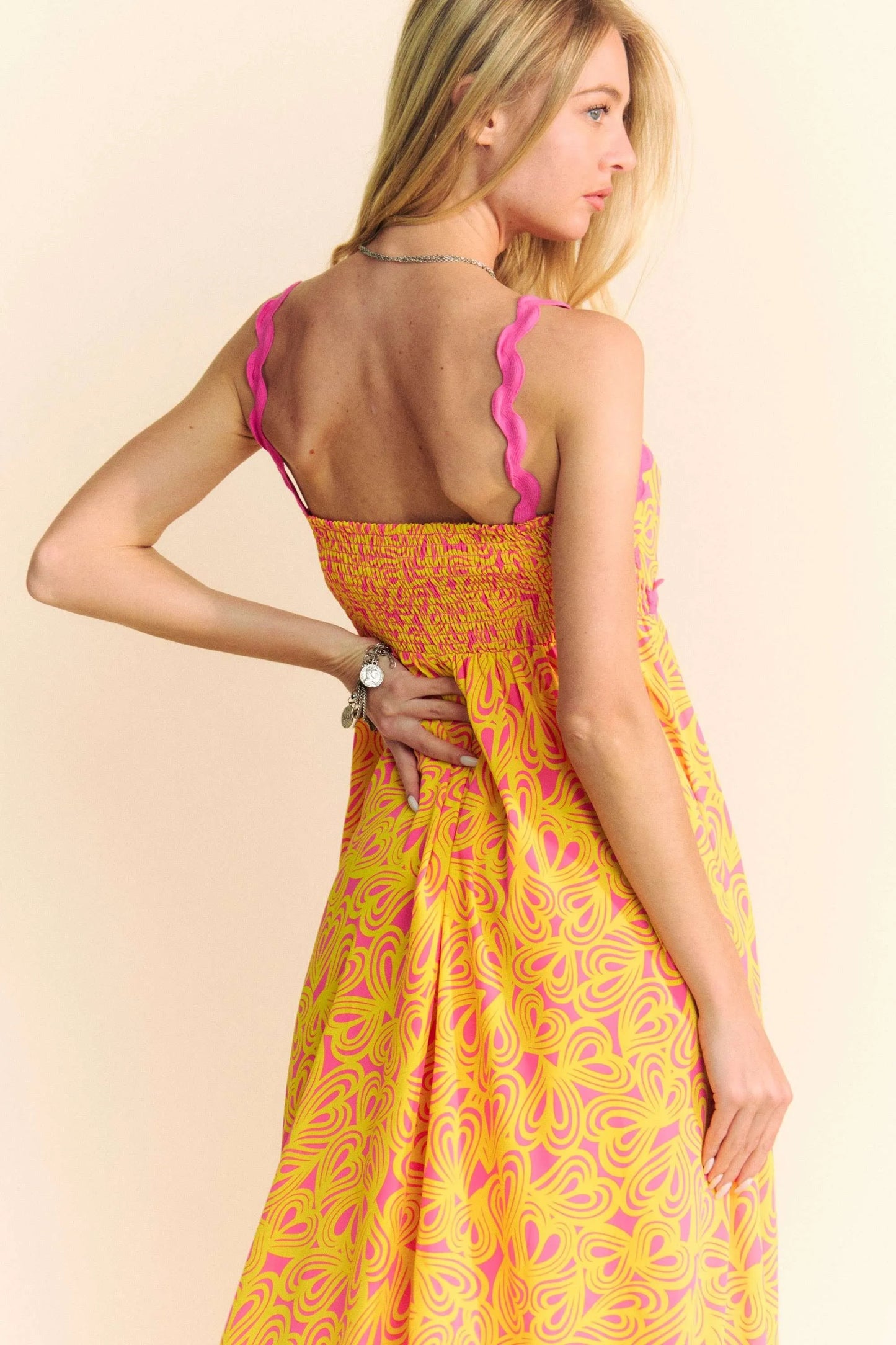 Pink Davi & Dani Geo 2 Tone Printed Wavi Trim Tiered Maxi Dress with flowing silhouette and layered design.