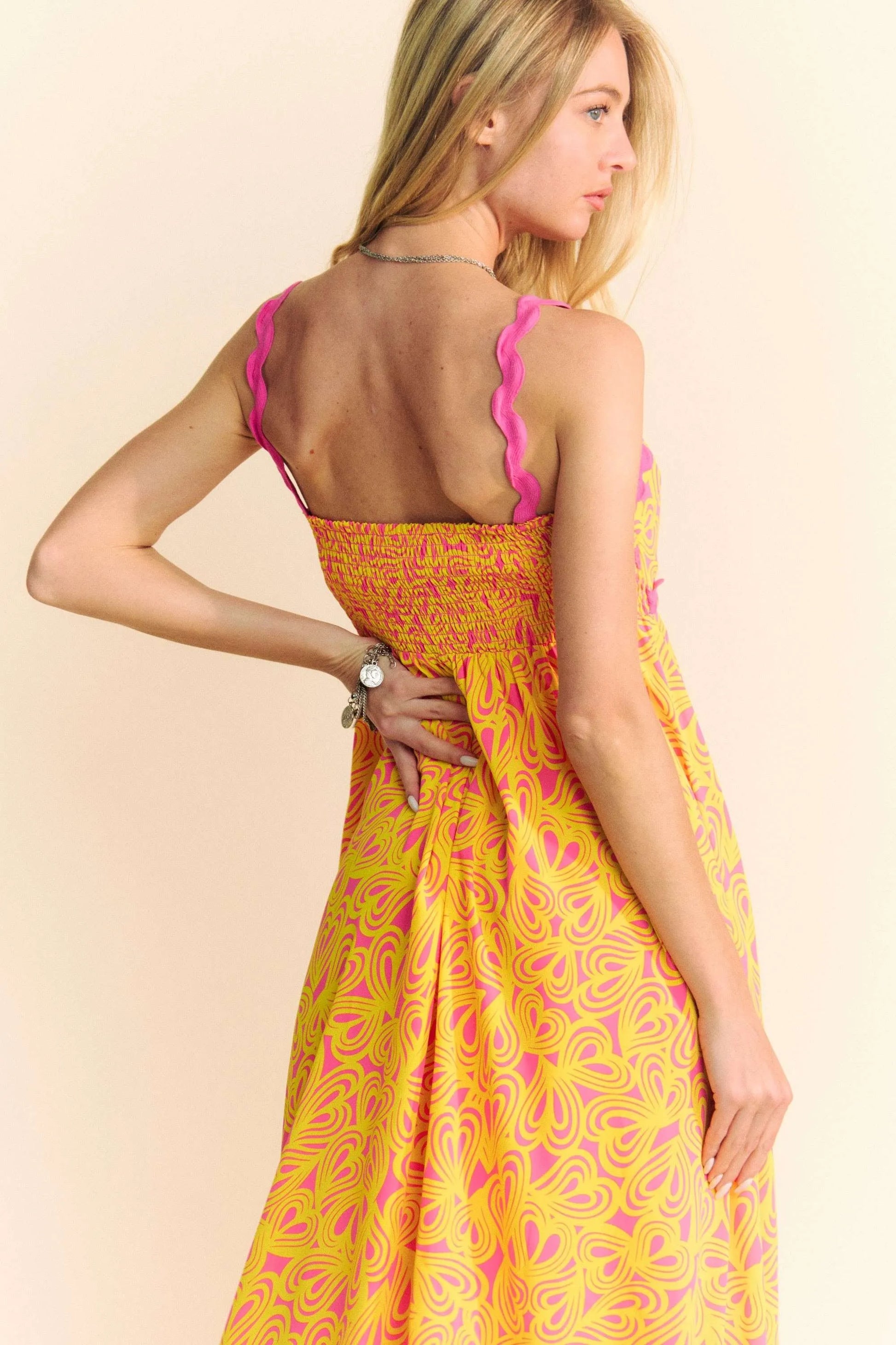 Pink Davi & Dani Geo 2 Tone Printed Wavi Trim Tiered Maxi Dress with flowing silhouette and layered design.