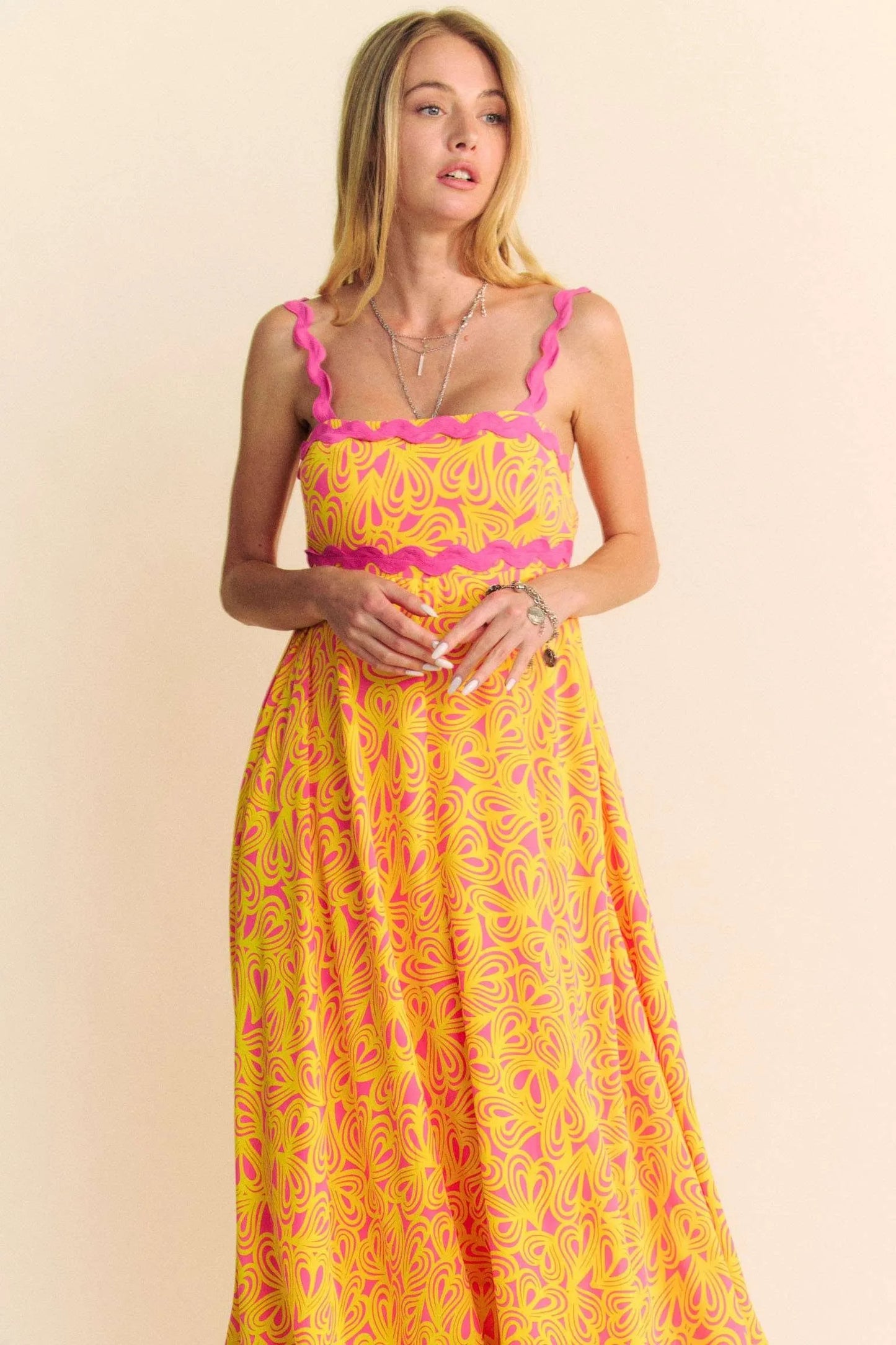 Pink Davi & Dani Geo 2 Tone Printed Wavi Trim Tiered Maxi Dress with flowing fabric and layered design, perfect for summer wear.
