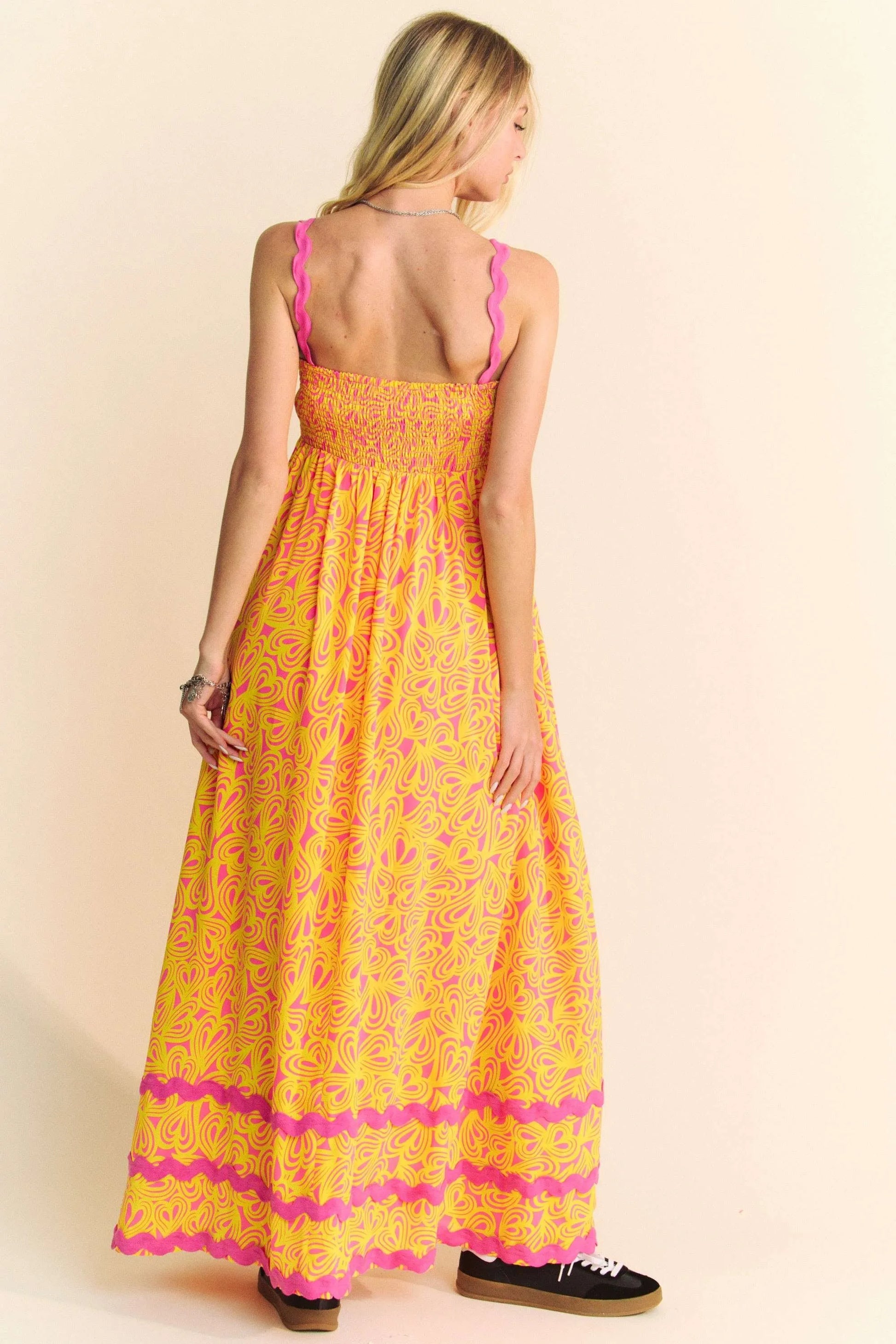 Pink Davi & Dani Geo 2 Tone Printed Wavi Trim Tiered Maxi Dress, stylish boho maxi with colorful geometric print and flowing silhouette.