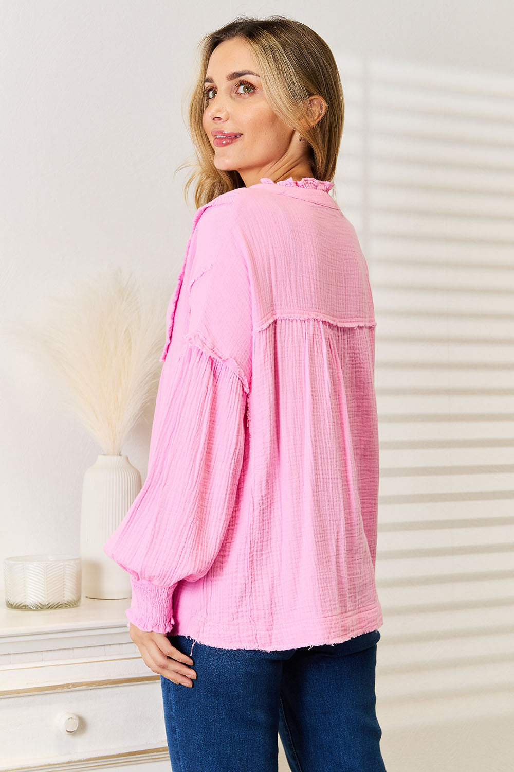 Pink Trendsi Double Take blouse with exposed seams, buttoned front, and notched neckline, stylish and casual for everyday wear.