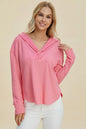 Pink Trendsi Double Take high-low dropped shoulder long sleeve hoodie, full size, casual and comfortable women's sweatshirt.