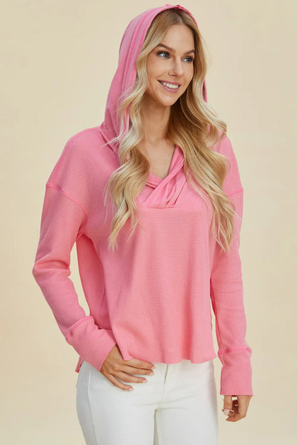 Pink Trendsi Double Take high-low dropped shoulder long sleeve hoodie, full size, casual and stylish women's sweatshirt.