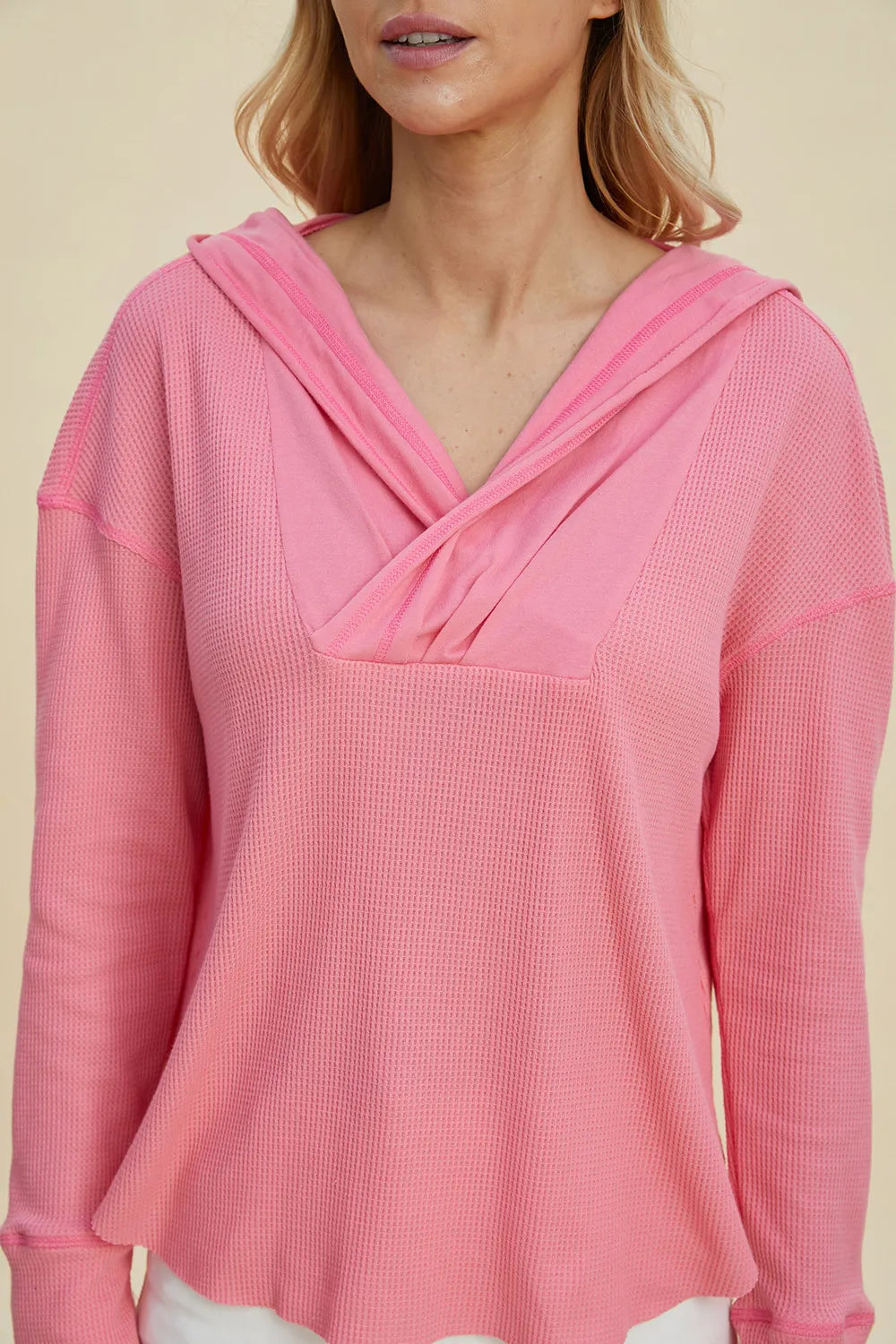 Pink Trendsi Double Take full-size high-low dropped shoulder long sleeve hoodie, casual and stylish for everyday wear.