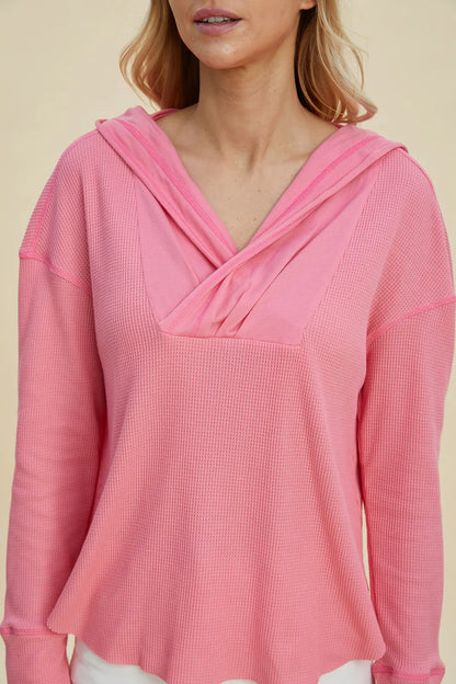 Pink Trendsi Double Take full-size high-low dropped shoulder long sleeve hoodie, casual and stylish for everyday wear.