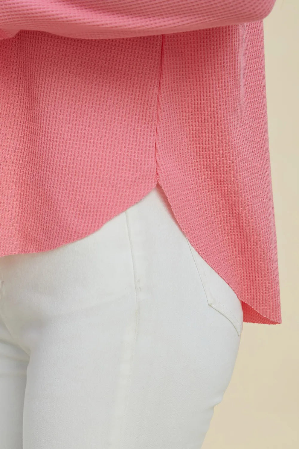 Pink Trendsi Double Take high-low dropped shoulder long sleeve hoodie, full size, casual and comfortable fashion piece.