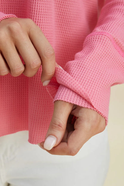 Pink Trendsi double take high-low dropped shoulder long sleeve hoodie, full-size, casual and comfortable fashion top.