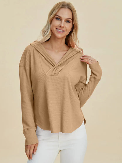 Pink Trendsi Double Take high-low dropped shoulder long sleeve hoodie, full size, casual and stylish.