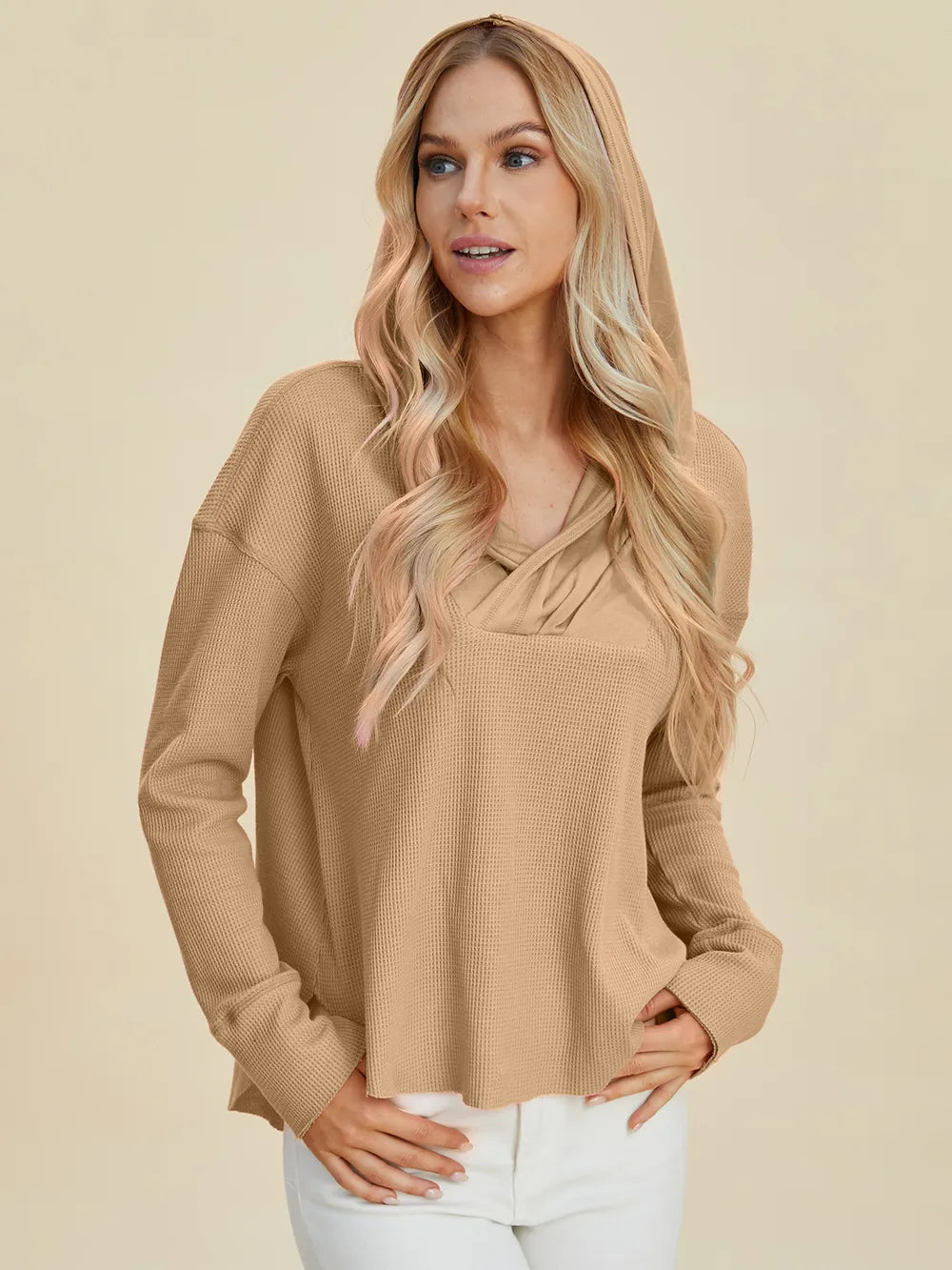 Pink Trendsi Double Take high-low dropped shoulder long sleeve hoodie, full size, casual and stylish.