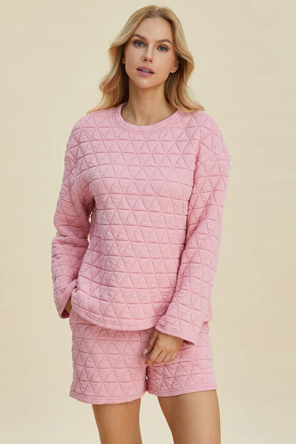 Pink Trendsi double take full-size textured long sleeve top and matching shorts set, shown on a mannequin.
