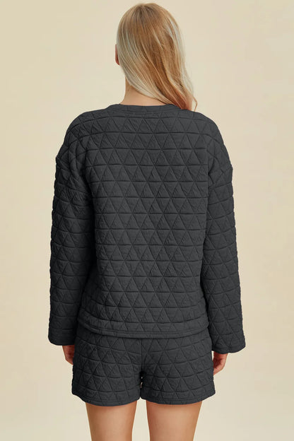 Pink double take texture long sleeve top and shorts set by Trendsi, featuring a round neck and casual, comfortable style.