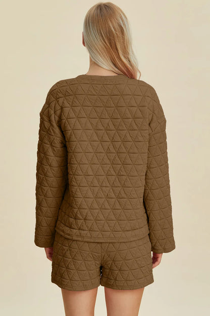 Pink double take texture long sleeve top and shorts set by Trendsi, featuring a round neck and casual, comfortable style.