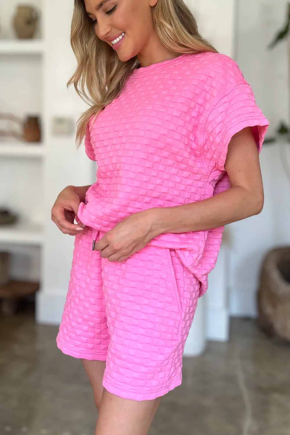 Pink double take full size textured T-shirt and shorts set by Trendsi, casual loungewear with a relaxed fit.