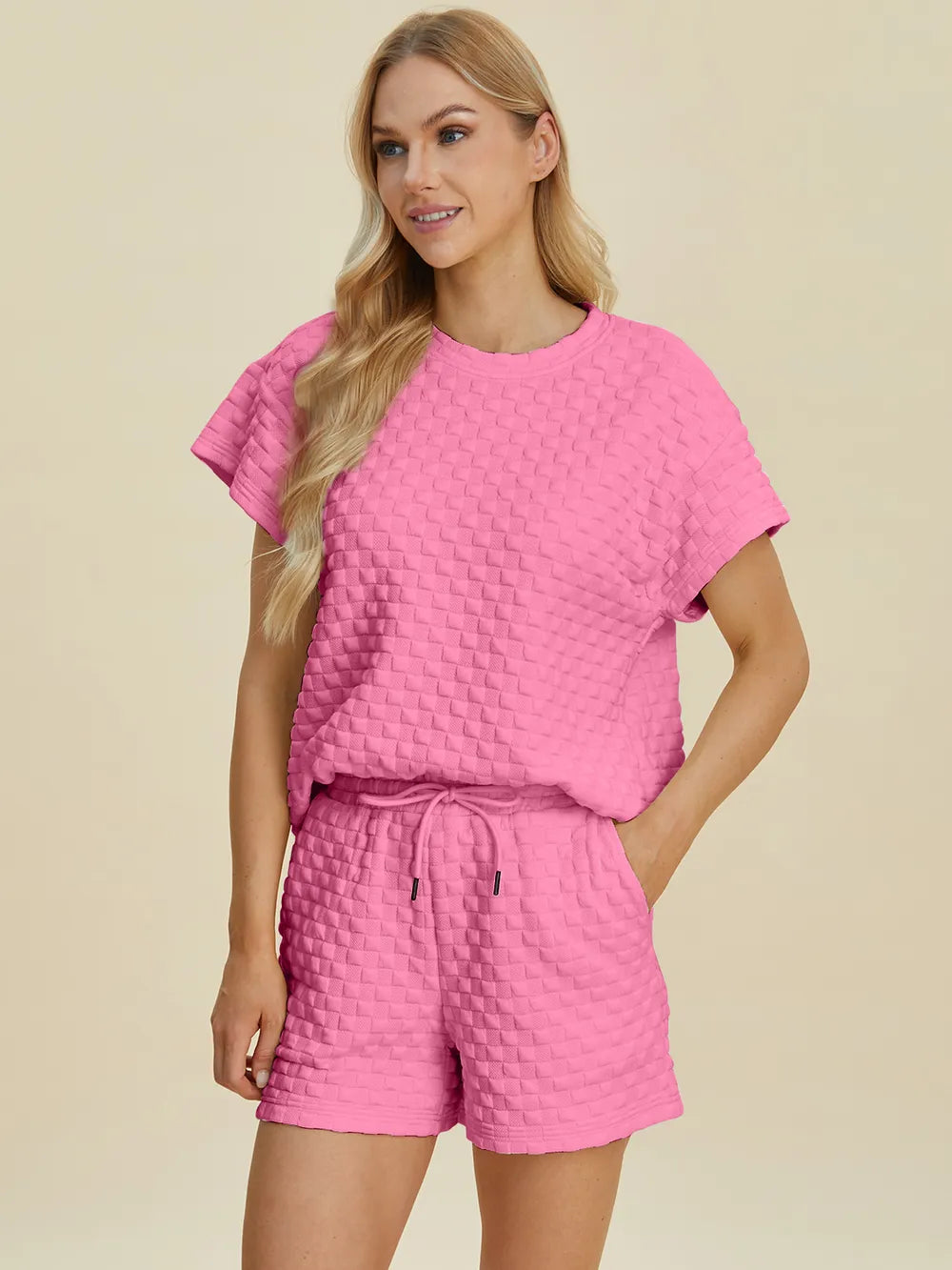 Pink Trendsi Double Take full-size texture T-shirt and shorts set, casual outfit with textured fabric and comfortable fit.