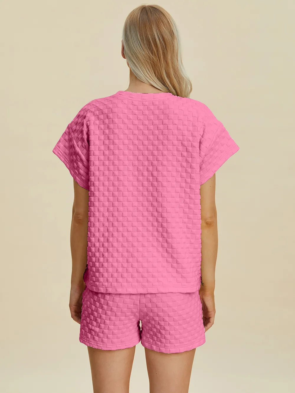Pink double take full size textured T-shirt and shorts set by Trendsi, casual loungewear with a relaxed fit and comfortable fabric.
