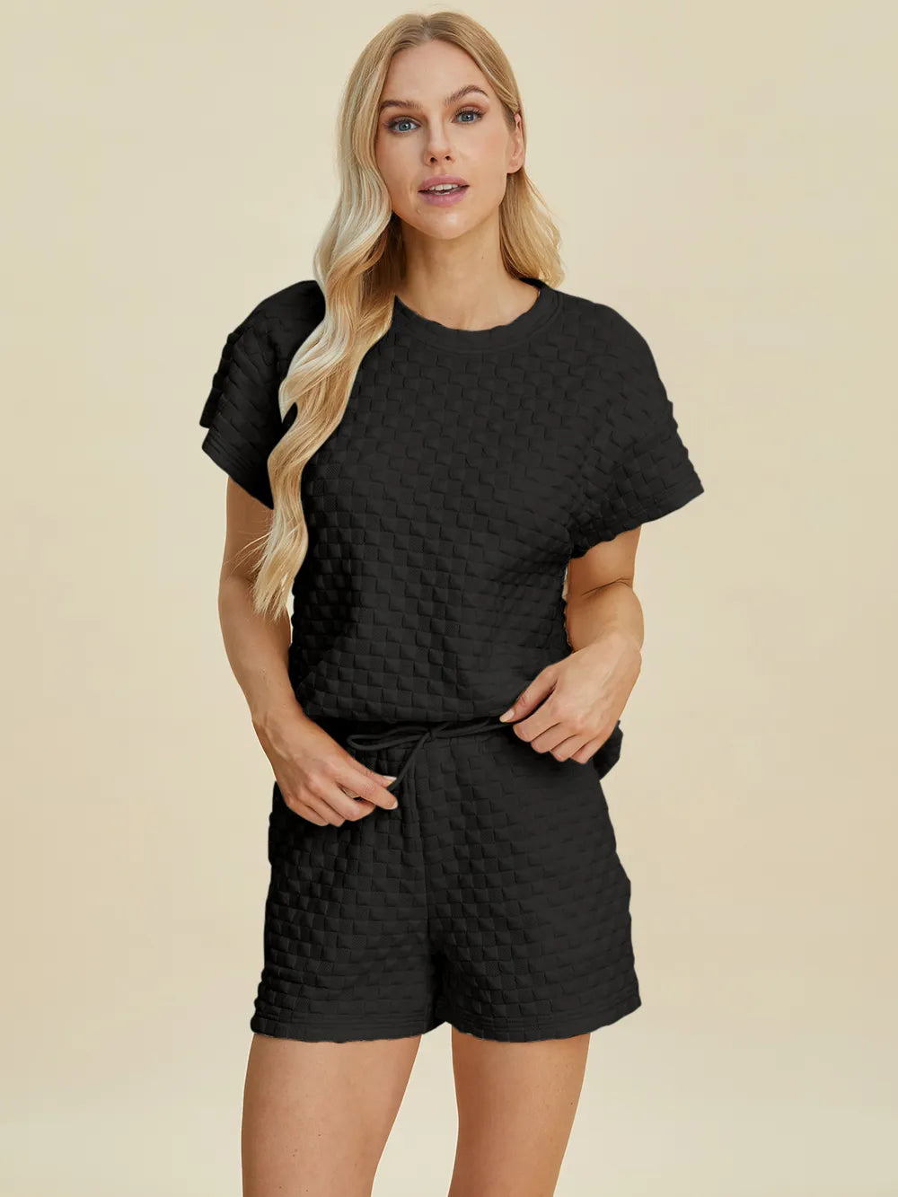 Pink double take full size textured t-shirt and shorts set by Trendsi, casual loungewear with comfortable fit