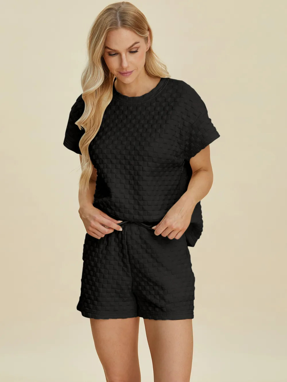 Pink double take full size texture T-shirt and shorts set by Trendsi, casual loungewear with soft fabric and stylish design.