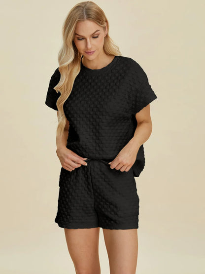 Pink double take full size texture T-shirt and shorts set by Trendsi, casual loungewear with soft fabric and stylish design.