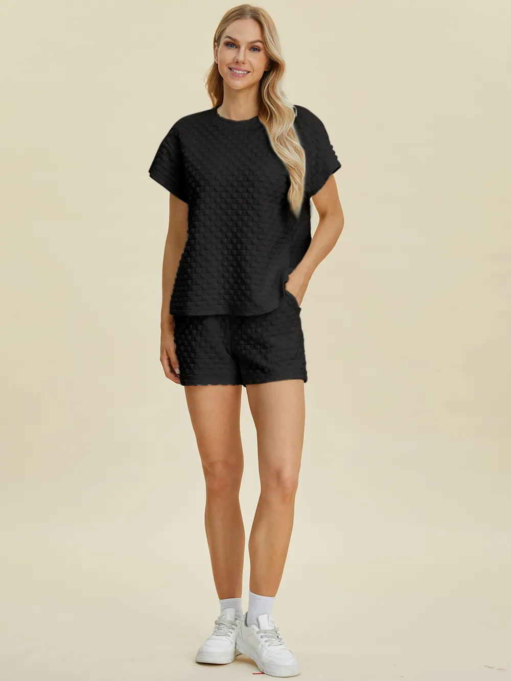 Pink double take full size texture t-shirt and shorts set by Trendsi, featuring a casual, comfortable matching outfit.