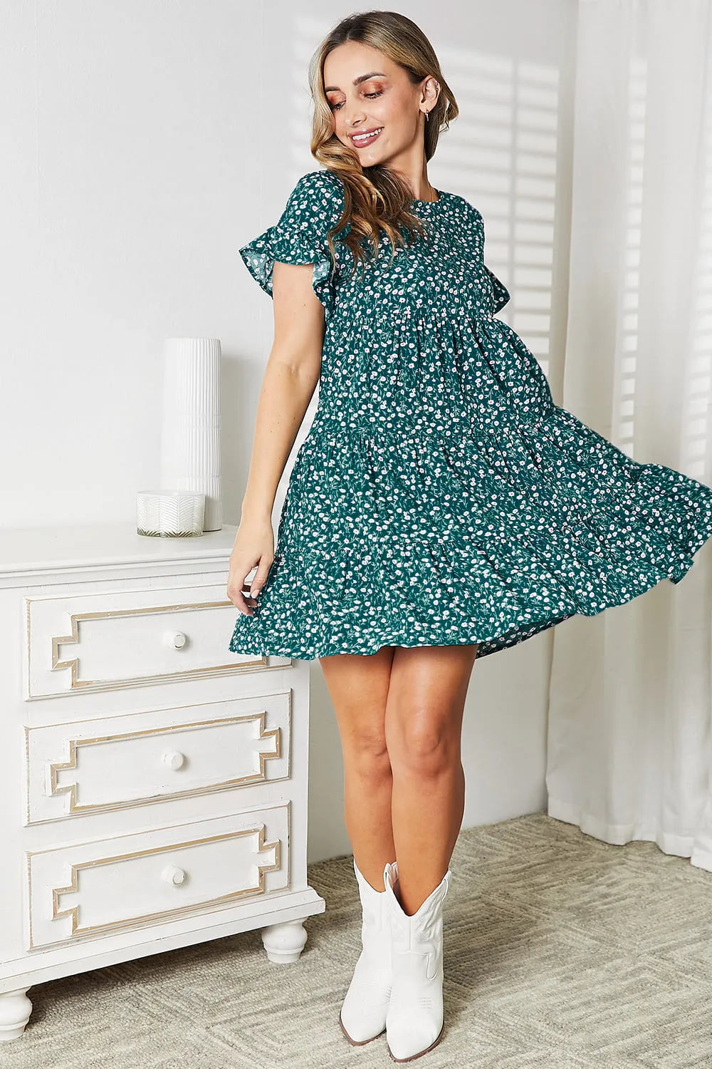 Pink double take short flounce sleeve tiered dress by Trendsi, featuring layered fabric and a stylish, feminine silhouette.