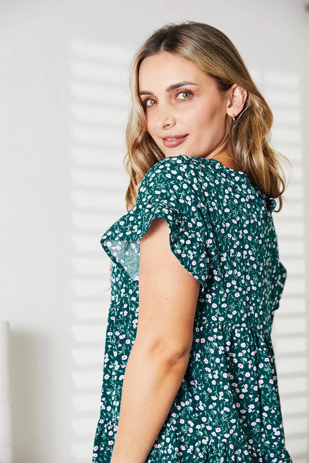 Pink double take short tiered dress with flounce sleeves, stylish and flowy, perfect for casual or semi-formal occasions.