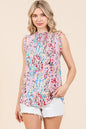 Plus size Lime 'N' Chili graphic print sleeveless mock neck top with ruffle trim, from Trendsi, featuring vibrant colors and stylish design.