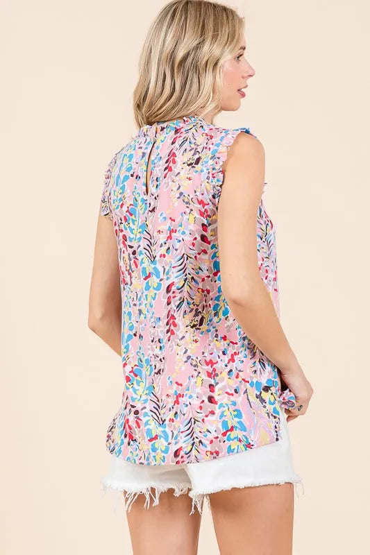 Plus size Lime 'N' Chili sleeveless mock neck top with graphic print and ruffle trim, by Trendsi.