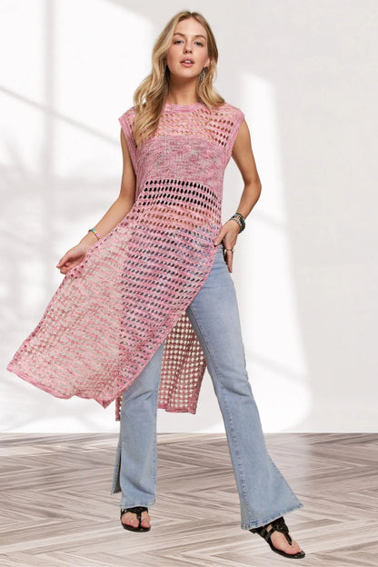 Trendsi ADORA multi-color crochet tunic top in pink, featuring a relaxed fit and intricate crochet pattern.
