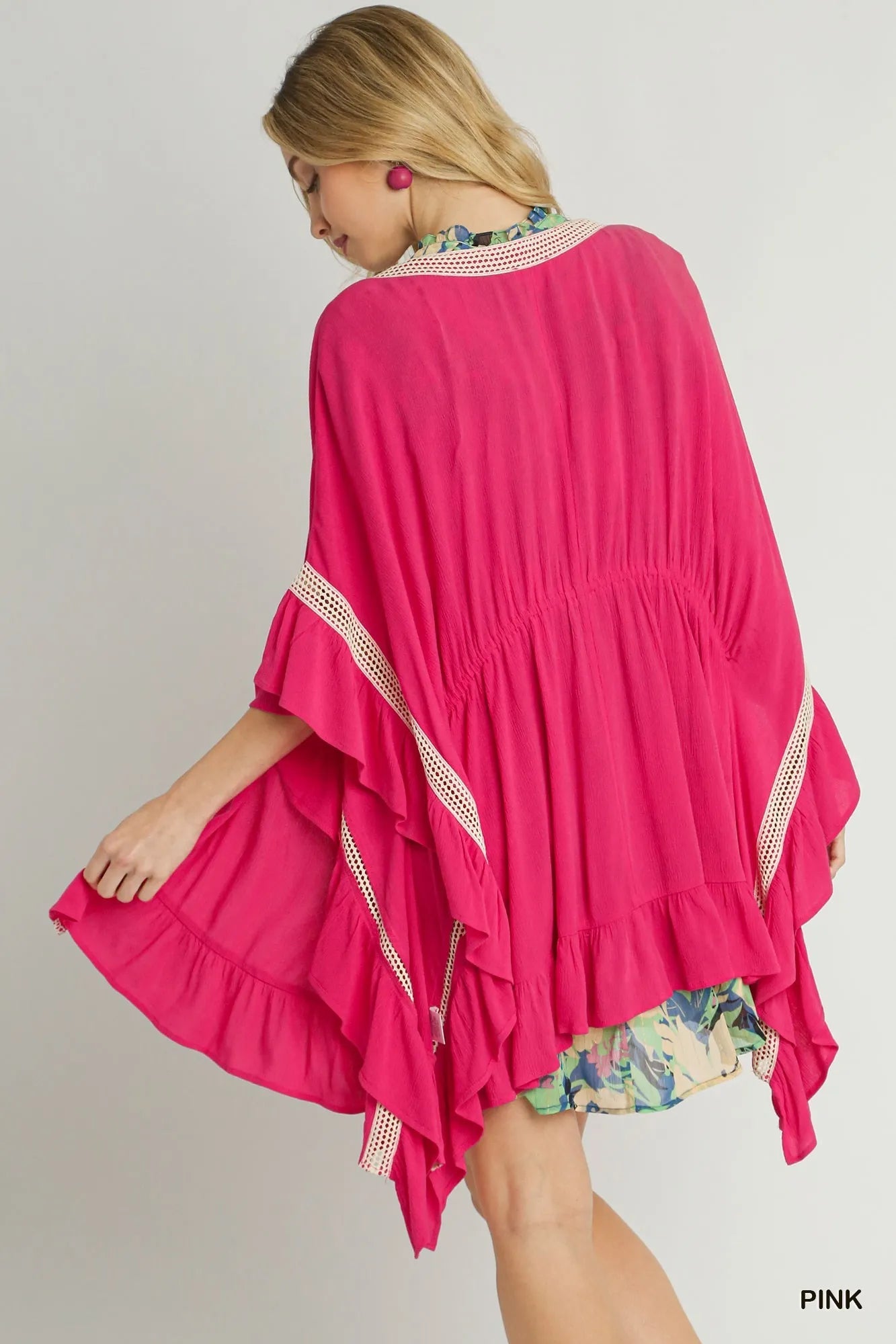 Pink Umgee ruffle trim kimono with crochet accents, lightweight and flowy, perfect for layering and adding a boho touch.