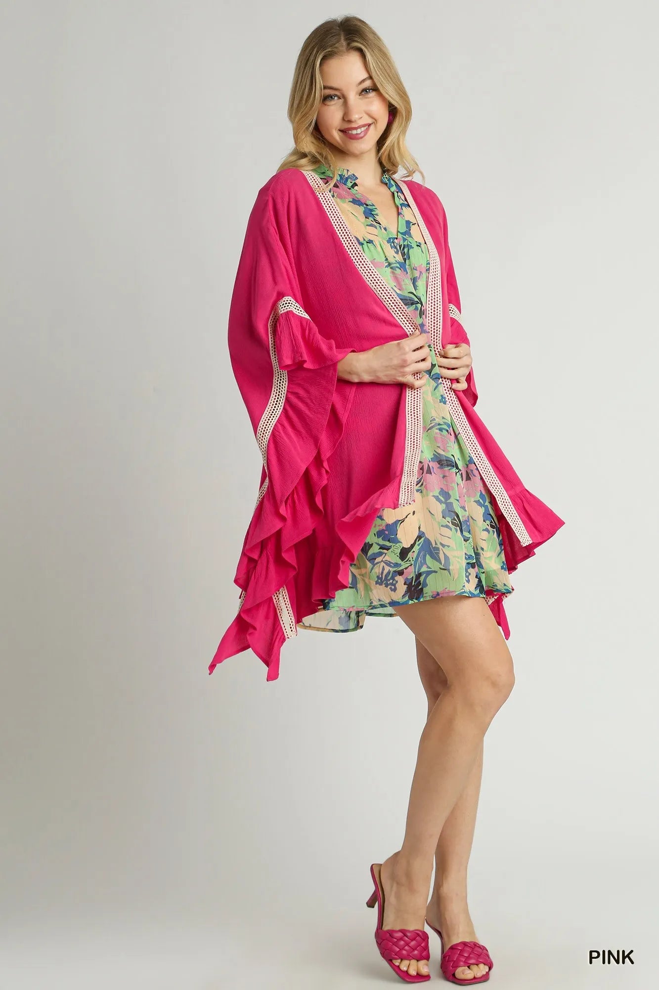 Pink Umgee ruffle trim kimono with crochet accents, lightweight fashion layer, casual boho style, open-front design.