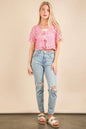 Pink Very J crochet crop top with front tie, short sleeves, and scalloped edges, perfect for casual summer wear.