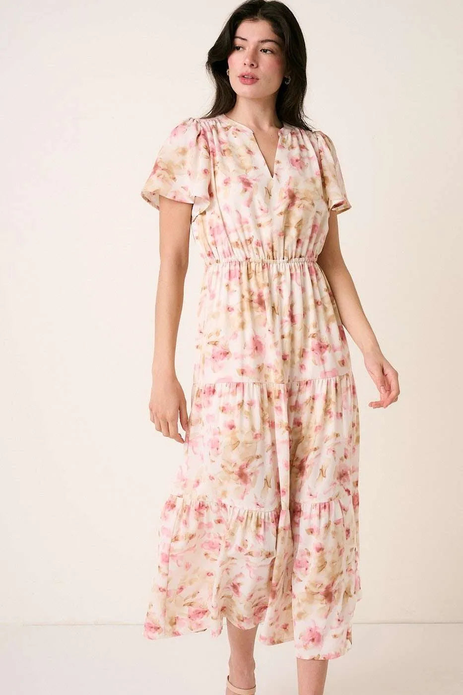 Pink flower print Flutter Sleeve V slit maxi dress by Mittoshop, featuring a flowing design and elegant style.