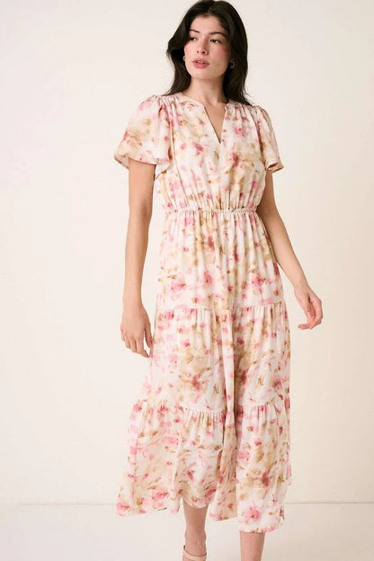 Pink flower print Flutter Sleeve V slit maxi dress by Mittoshop, featuring a flowing design and elegant style.