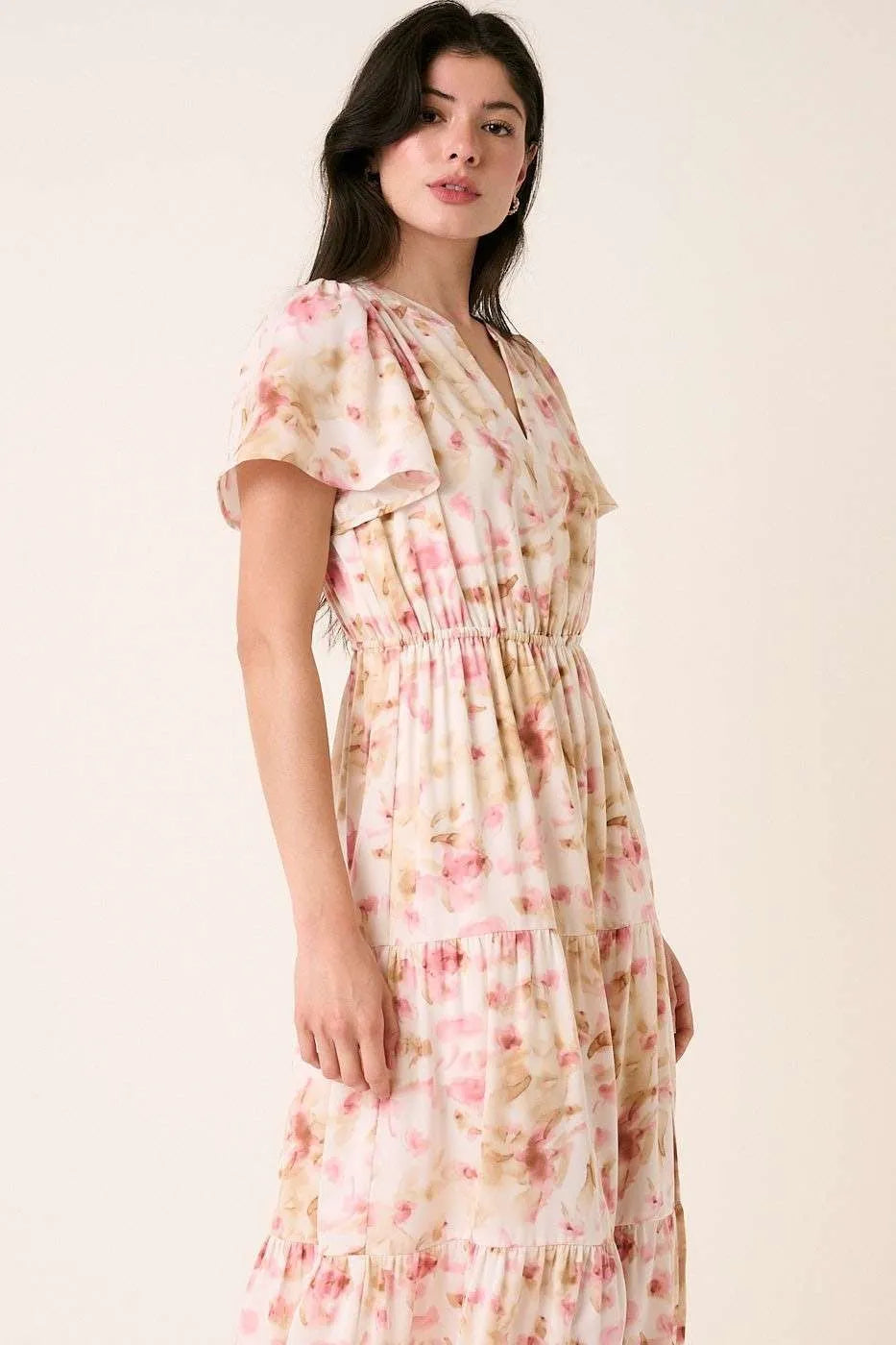 Pink floral print Flutter Sleeve V slit Maxi Dress by Mittoshop, featuring a flowing design and elegant V neckline.