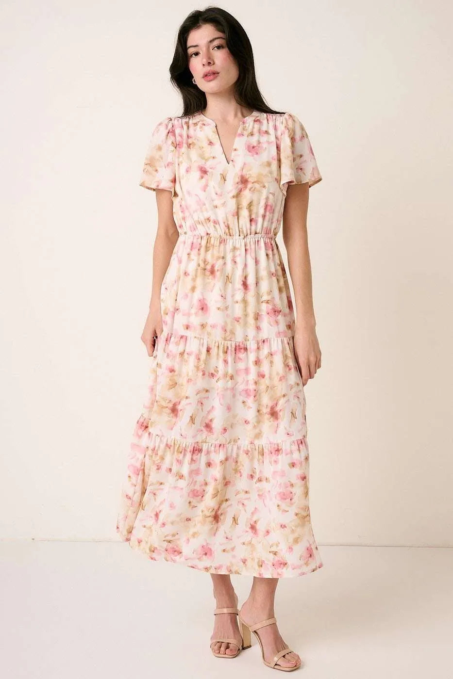 Pink flower print Flutter Sleeve V slit maxi dress by Mittoshop, featuring a flowing silhouette and elegant design.