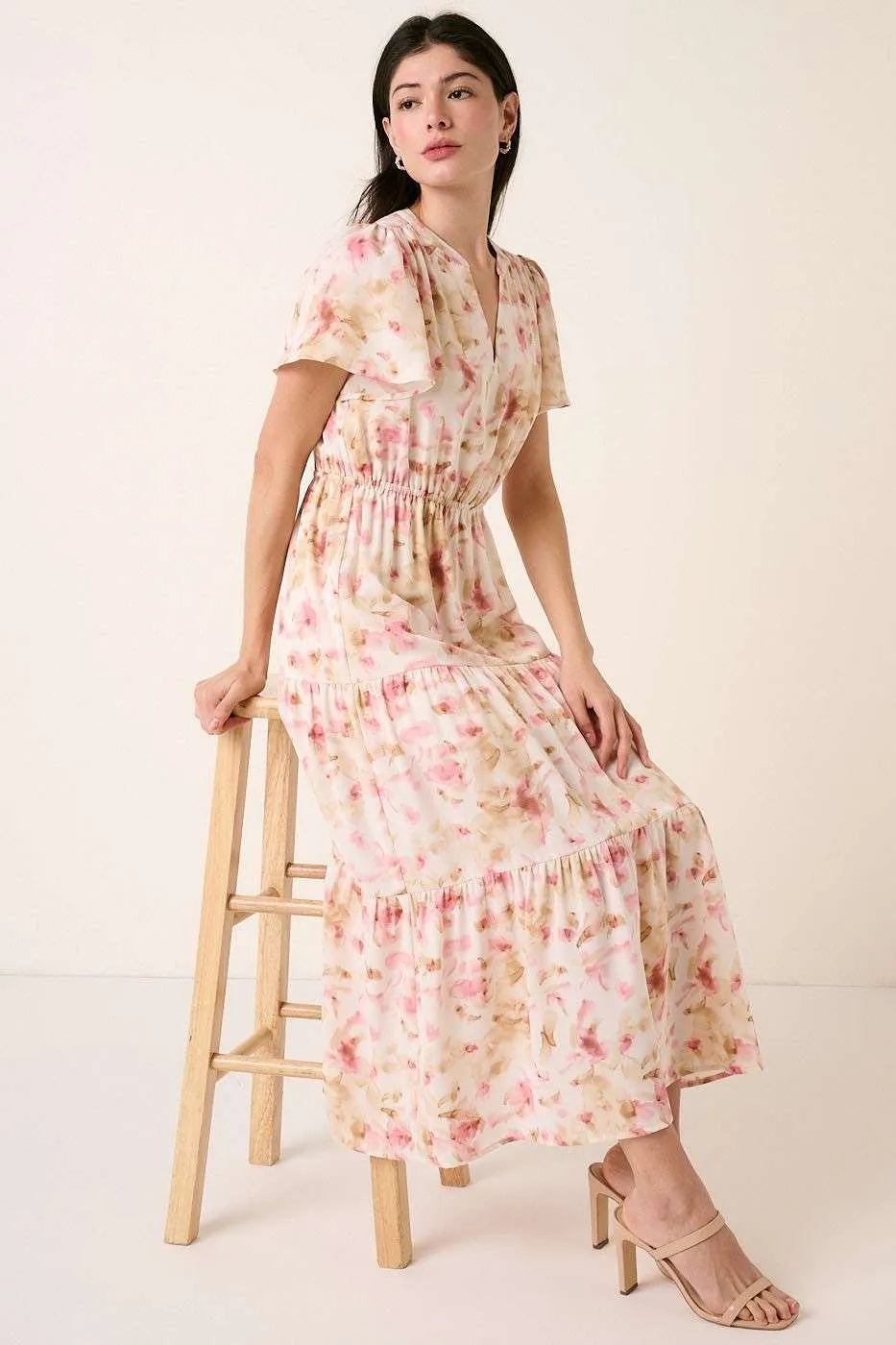 Pink flower print Flutter Sleeve V slit maxi dress by Mittoshop, stylish and flowy with a V neckline and slit detail.