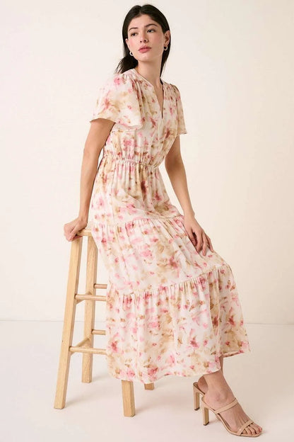 Pink flower print Flutter Sleeve V slit maxi dress by Mittoshop, stylish and flowy with a V neckline and slit detail.