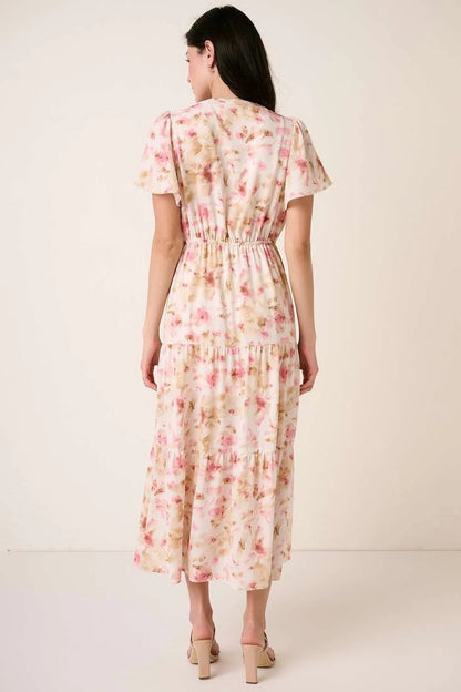 Pink flower print maxi dress with flutter sleeves and V slit neckline by Mittoshop, perfect for summer or casual occasions.