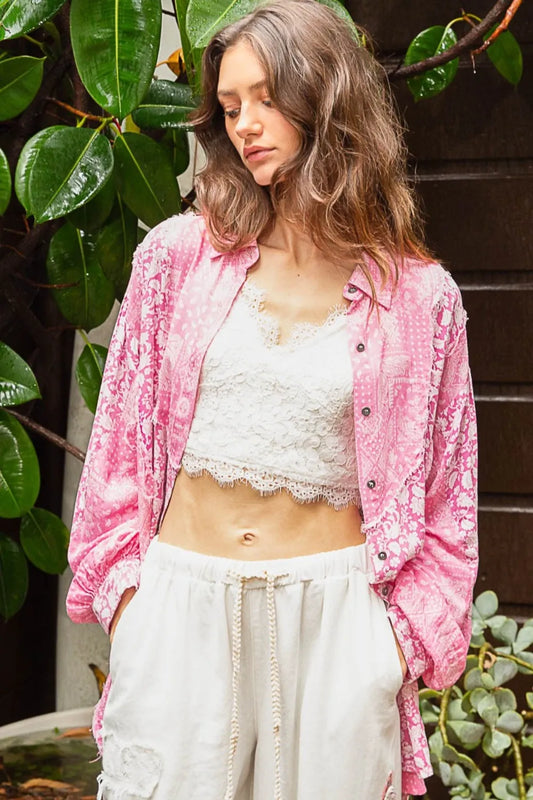 Pink POL button-down long sleeve shirt with paisley print from Trendsi, featuring a classic collar and button front design.