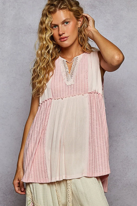 Pink POL Lace Trim Two-Tone Tank top with pintuck detail, featuring delicate lace accents and a sleeveless design.